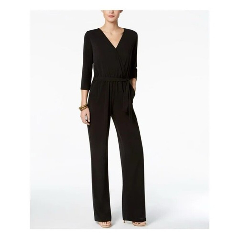 NY Collection Women's Jumpsuit Wide Leg Petite Belted  with Pockets Black PM